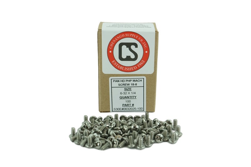 Chenango Supply Stainless 6-32 x 1/4inches (1/4inches to 3inches Lengths Available) Pan Head Machine Screws, Full Thread, Phillips Drive, Stainless Steel 18-8, Machine Thread (100 pcs, 6-32 x 1/4)